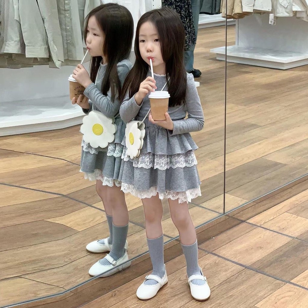PRETTY BABY พร้อมส่ง ชุดเซ็ทเด็กผู้หญิง เสื้อแขนยาว+กระโปรงแต่งลูกไม้ ไม่มีซับใน (1410)