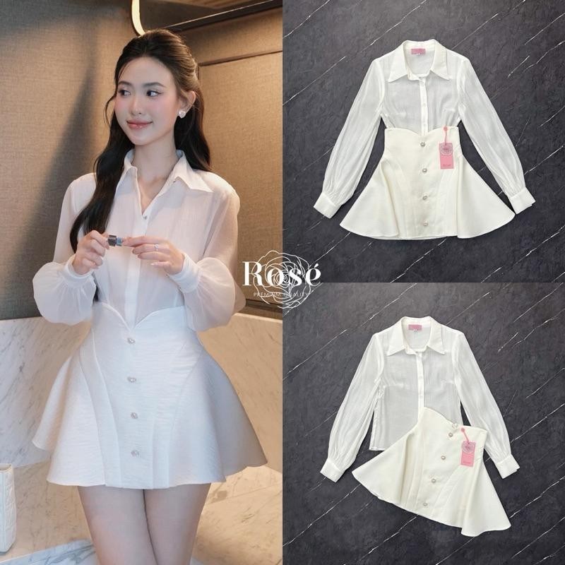 พร้อมส่ง rose43 เซทเสื้อเชิ้ตคอปกแขนยาว มากับกระโปรงสั้นเอวสูง K.shop