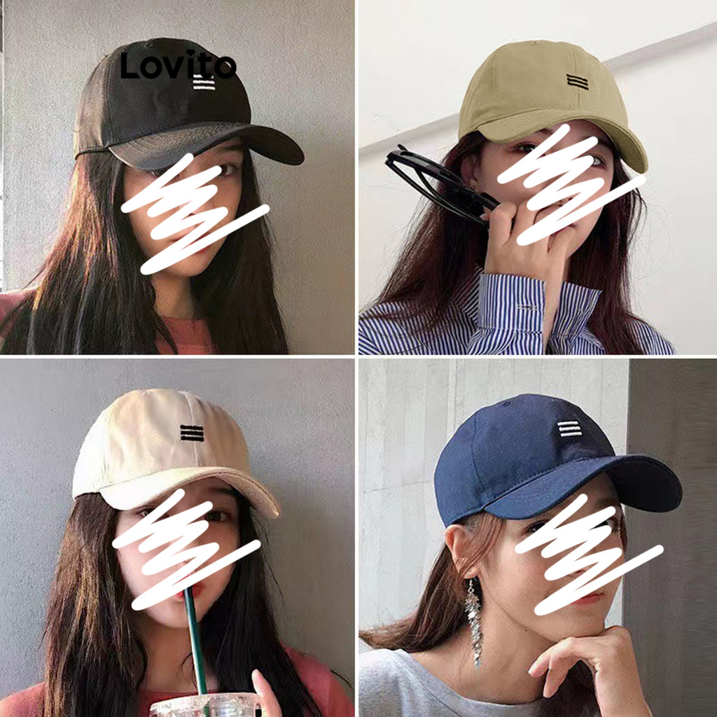 Lovito หมวกแก๊ปผู้หญิง เบสิก สีพื้น แบบปักลาย สไตล์ลำลอง LFA11697