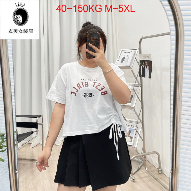 M-5XL 40-150KGplus Size300Fat mm200Drawstring Bag Tผู้หญิงสไตล์เกาหลีหลวมรอบคอจดหมายสั้นSlim Fitเสื้