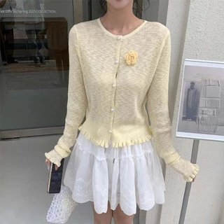 👚Anna👚 เสื้อคาร์ดิแกนถักแขนยาว พร้อมเข็มกลัดดอกไม้แบบถอดได้ ผลิตจากผ้าถักไหมน้ำแข็ง บางเบาสไตล์ฤดูร้อน #F094