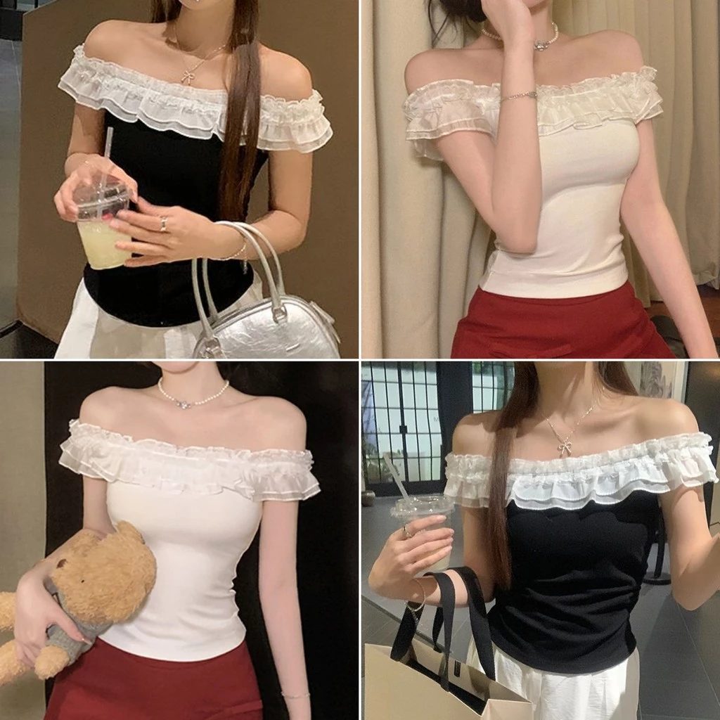 Betty house🌸พร้อมส่ง เสื้อยืดผู้หญิง เสื้อแขนสั้นเปิดไหล่ เซ็กซี่ สไตล์เกาหลีแบบเรียบง่าย เวลาว่าง