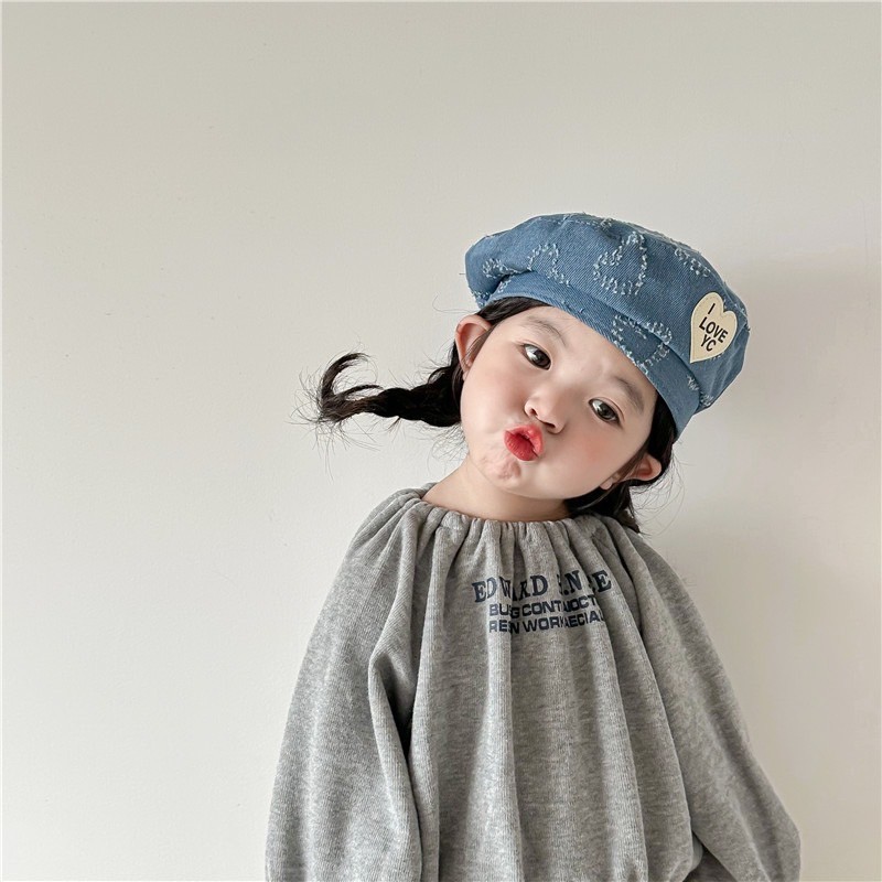 PRETTY BABY หมวกเด็ก 2-8ปี รอบหัว48-52cm หมวกทรงเบเร่ต์ยีนส์ หมวกแฟชั่น ปรับขนาดได้ (1540)
