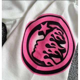 เสื้อยืดแขนสั้นผ้าฝ้ายพิมพ์ลายสีชมพูผู้ชายและผู้หญิงขนาดใหญ่ S-5XL