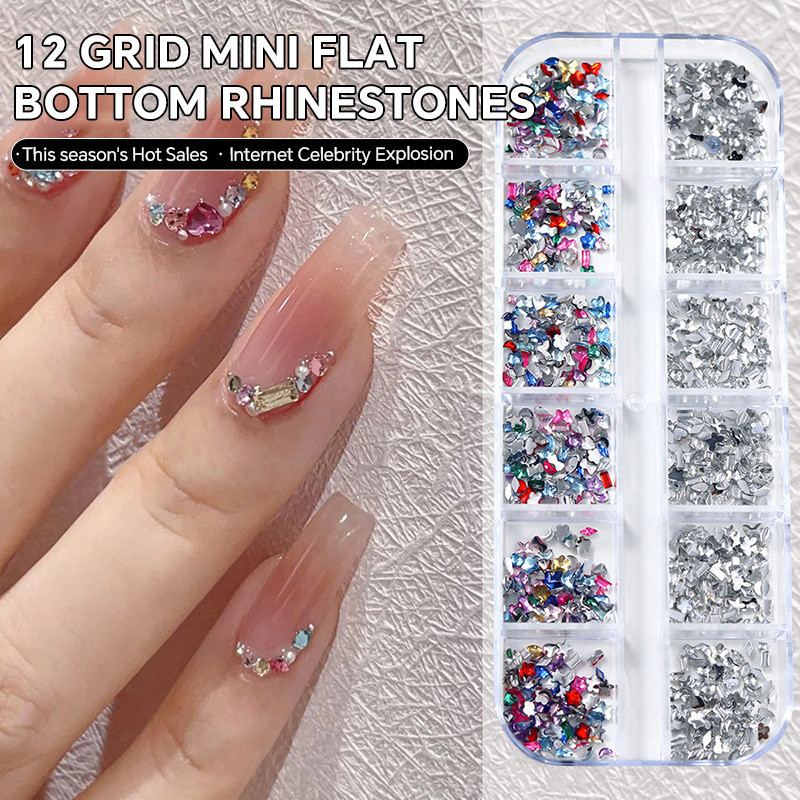 เล็บตกแต่งเล็บคริสตัล Rhinestone เพชร DIY สติกเกอร์เล็บ Mini ด้านล่างแบนที่มีสีสัน 12 กริด 1080 ชิ้น KOUDAN