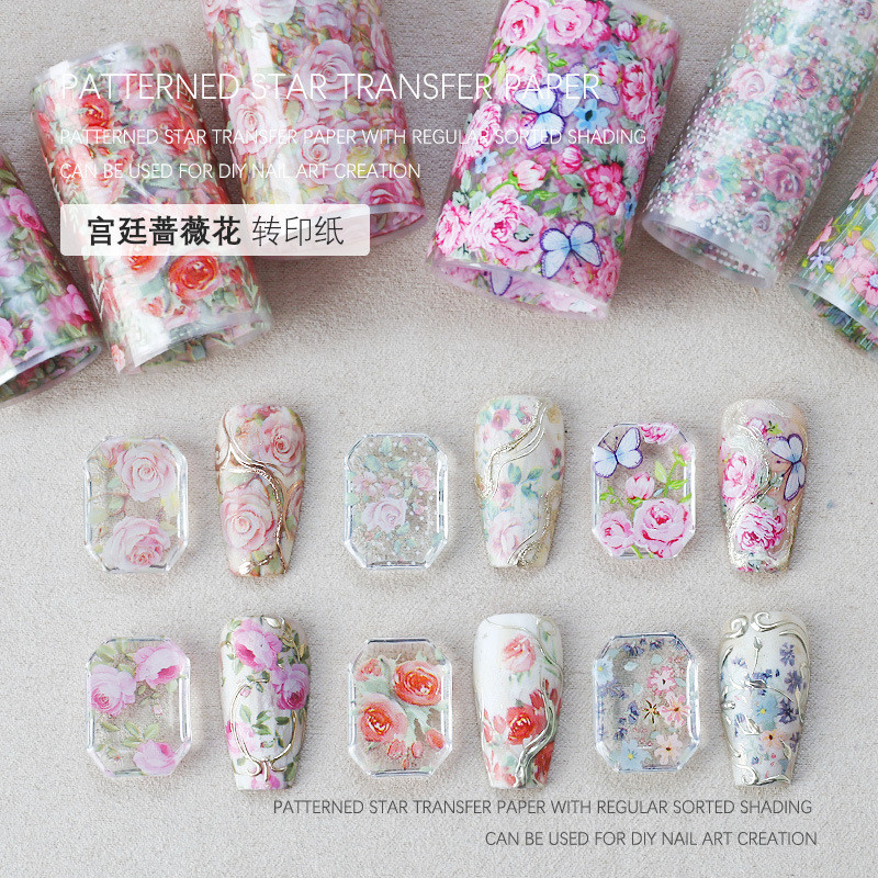 แต่งเล็บ Starry Sky กระดาษถ่ายโอน Palace Rose ดอกไม้กระดาษ Transfer Starry Sky สติกเกอร์ Rose ดอกไม้ Starry Sky สติกเกอร์เครื่องประดับ