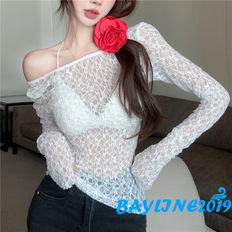 Bay-womens Sheer Tops ดอกไม้ลูกไม้ Scoop คอแขนยาว Casual Cover Ups Crop เสื้อสําหรับงานปาร์ตี้