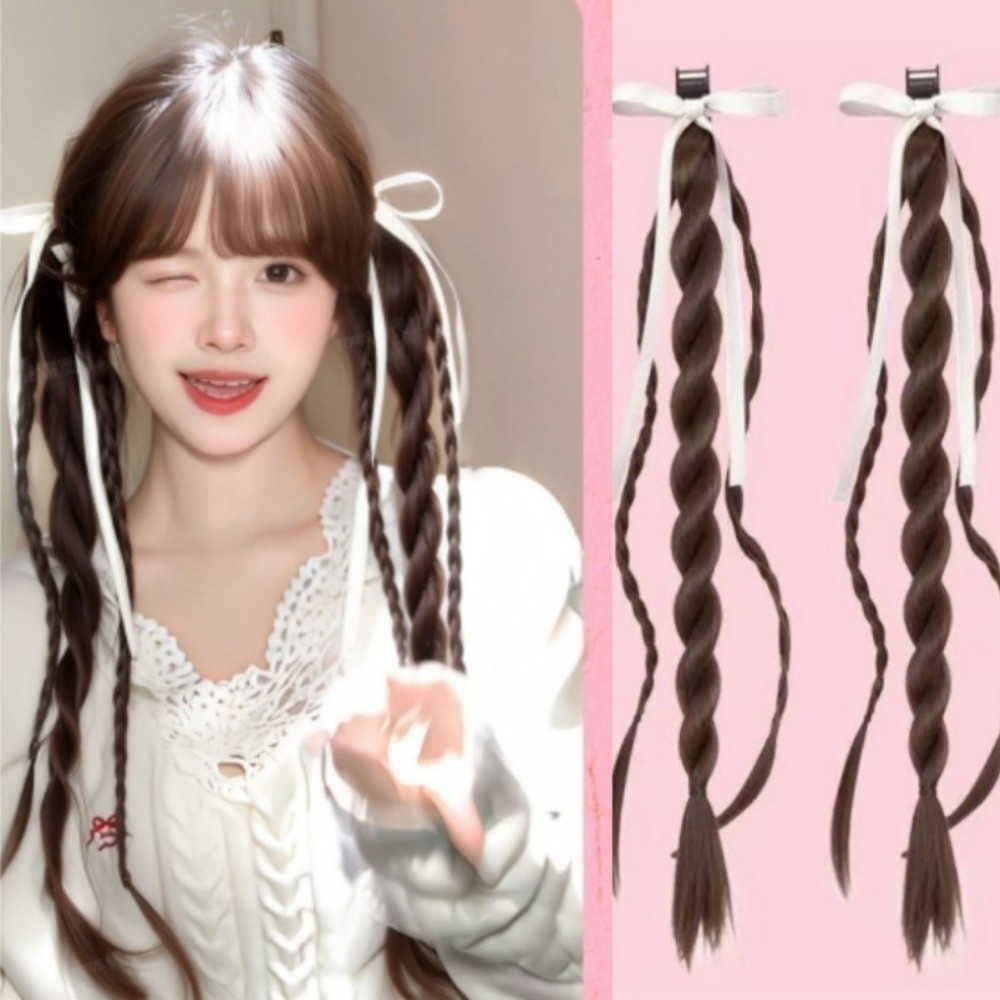 วิกผมหางม้าคู่แบบคลิปเกาหลี Braids Low Bun Hairpiece Y2k สาวร้อนมวย Braid