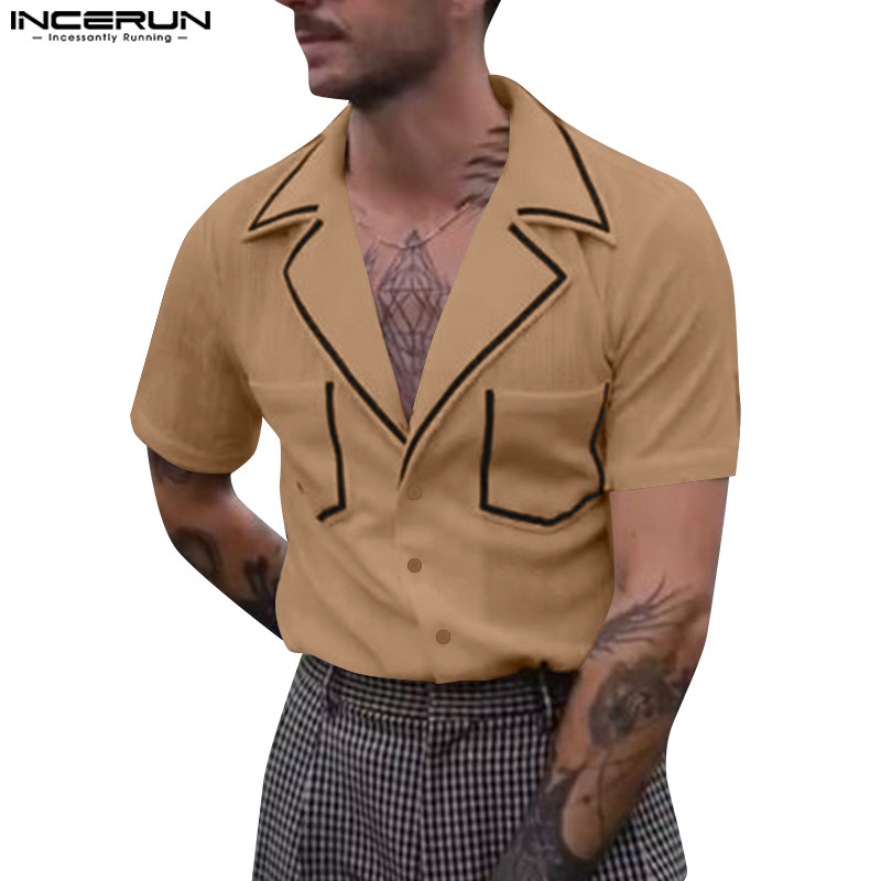 Incerun ผู้ชายวินเทจแฟชั่นปก Contrast Splicing เสื้อแขนสั้น