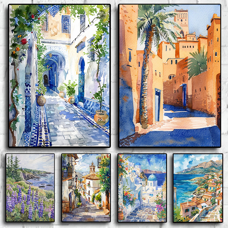 (พร้อมกรอบ) สีน้ํา Coastal Landscape Travel City Morocco ฝรั่งเศสสเปนผ้าใบภาพจิตรกรรม
