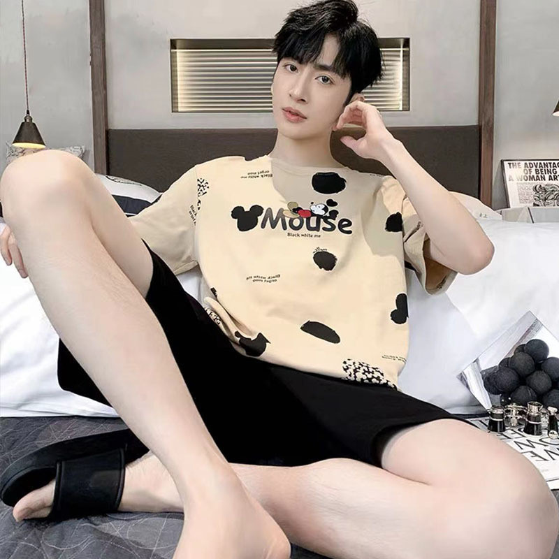 TLHGQ  (มี 14 ลาย)ชุดนอนลําลองผู้ชายฤดูร้อน ผ้าไหมนมสบายแขนสั้นและกางเกงขาสั้นหลายสี