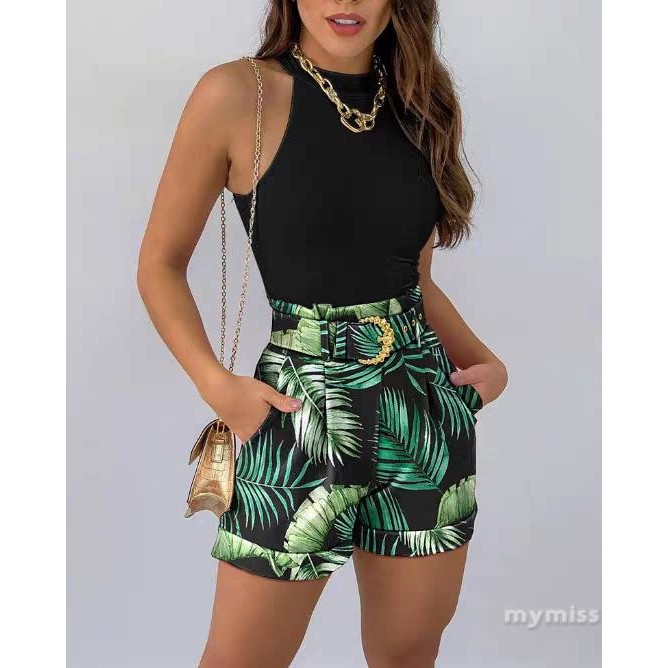 มายมิส1-ผู้หญิงฤดูร้อนชุดเสื้อกั๊กแขนกุดพิมพ์ลายดอกไม้พร้อมกางเกงขาสั้นเอวสูงพร้อมเข็มขัดเอว