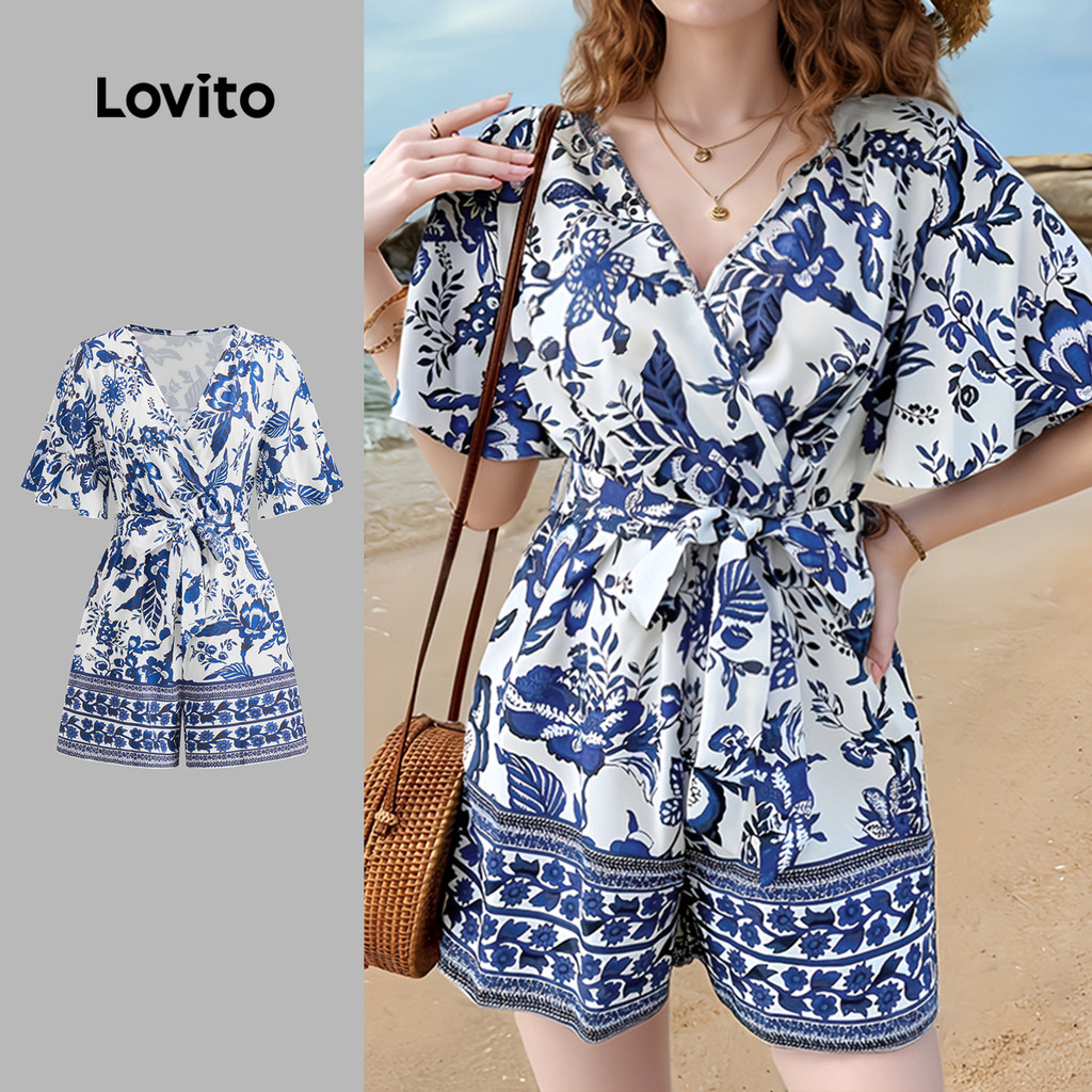 Lovito โบโฮ เผ่า พิมพ์ลายลูกไม้ขึ้น ชุดจั๊มสูท สําหรับผู้หญิง L128ED625