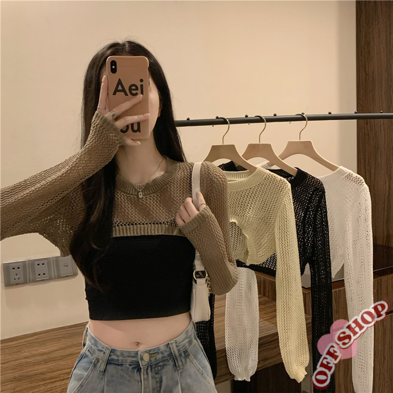 OFF SHOP 🥻 เสื้อถักไหมพรมคอกลมแขนยาวทรงครอปสั้นเท่ๆ เสื้อผ้าผู้หญิง-78040