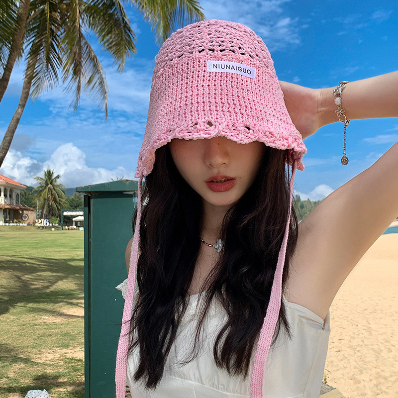 เกาหลีโครเชต์ลูกไม้ขึ้นหมวกชาวประมงผู้หญิงฤดูร้อนกลวงถังหมวก