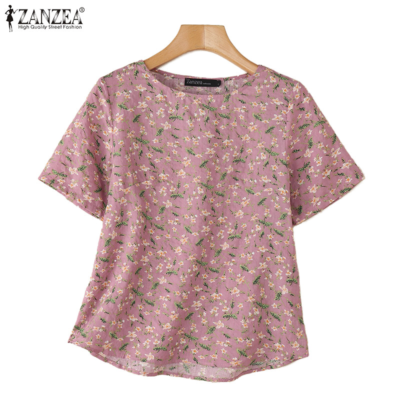 ZANZEA เสื้อเชิ้ตลําลองครึ่งแขนลายดอกไม้สไตล์เกาหลีสําหรับผู้หญิง