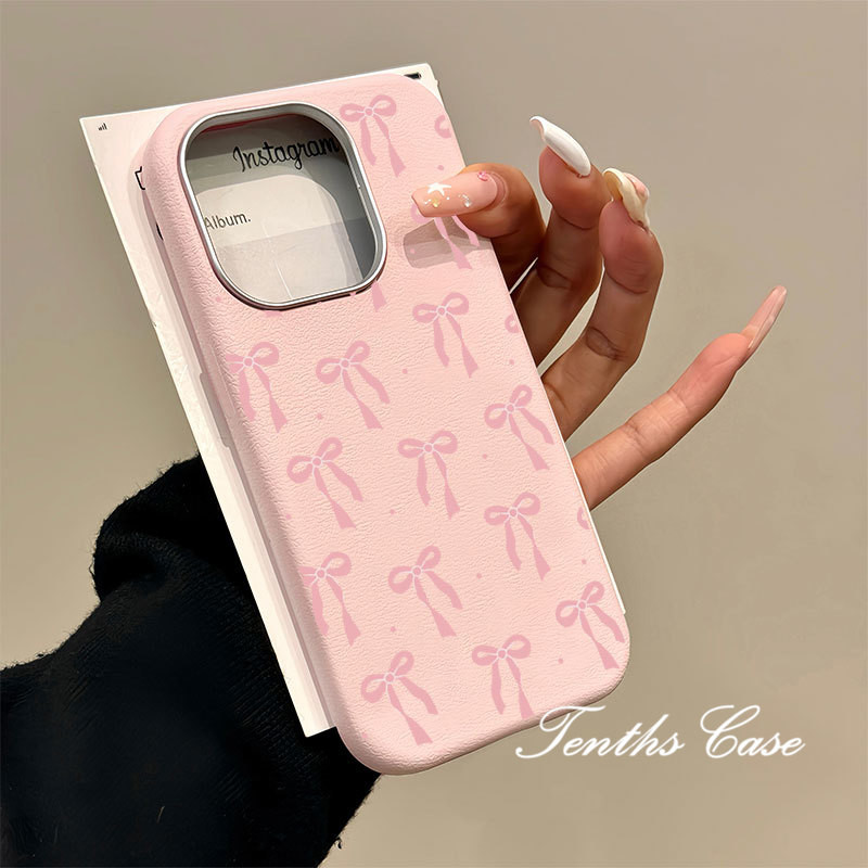 SAMSUNG สําหรับSamsung S25 S24 S23 A22 A21 S20FE Plus Ultra A11 A21s A73 A72 Little Pink Bowsธรรมดาหนังรูปแบบชุบเลนส์กรอบเคสโทรศัพท์ปกอ่อน