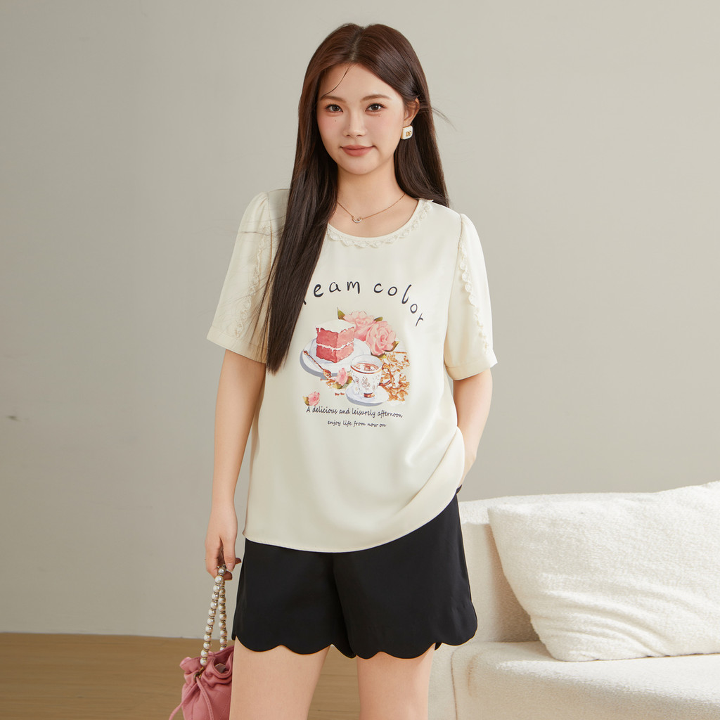 Caiduobao Plus ขนาดเสื้อผ้าผู้หญิงไขมัน mm2025 ฤดูใบไม้ผลิสไตล์ใหม่รอบคอเย็บหลวมพิมพ์ด้านบน ECA2575