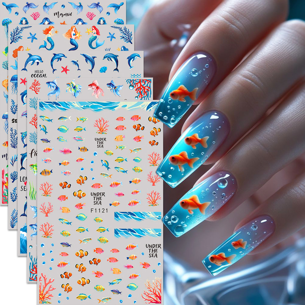 HAMA เล็บเล็บสติกเกอร์ขายส่งชายหาดฤดูร้อน Ocean Goldfish แมงกะพรุนสาหร่าย Dolphin Mermaid ผีเสื้อดอกไม้ตกแต่งเล็บสติกเกอร์ Decals