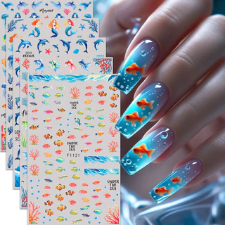 HAMA เล็บเล็บสติกเกอร์ขายส่งชายหาดฤดูร้อน Ocean Goldfish แมงกะพรุนสาหร่าย Dolphin Mermaid ผีเสื้อดอกไม้ตกแต่งเล็บสติกเกอร์ Decals