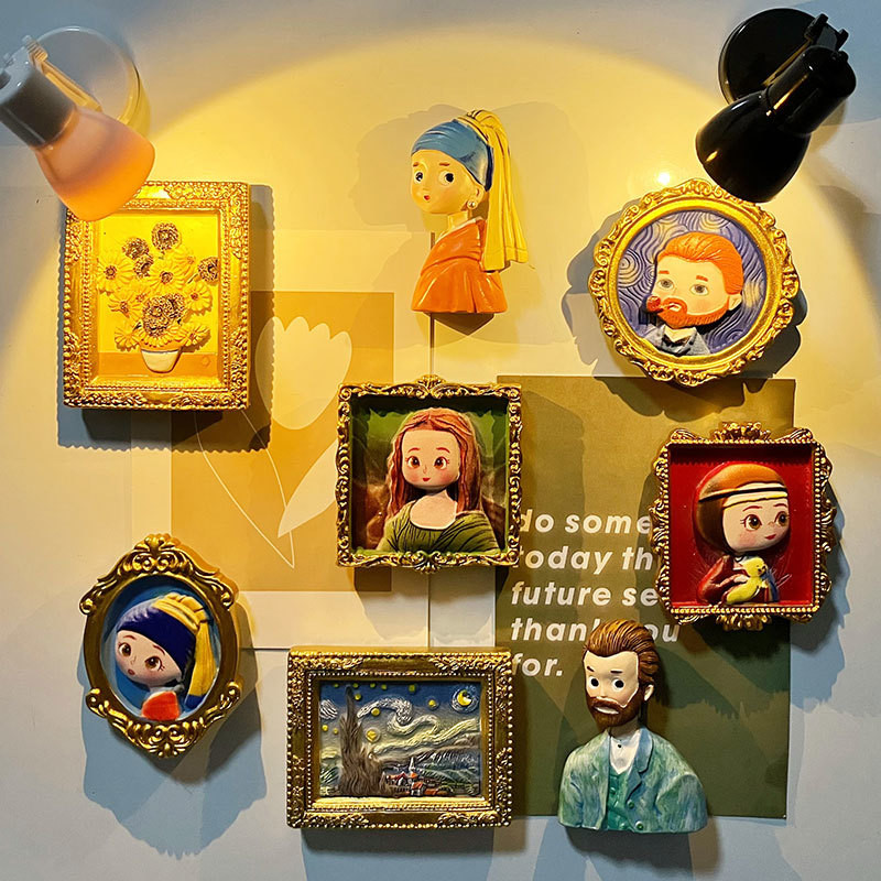 แม่เหล็กติดตู้เย็น [Van Gogh Pearl Girl] ศิลปินสร้างสรรค์ สติ๊กเกอร์แม่เหล็ก 3D น่ารัก สติ๊กเกอร์แม่เหล็กแรงสูง ศิลปะตกแต่งแม่เหล็กย้อนยุค