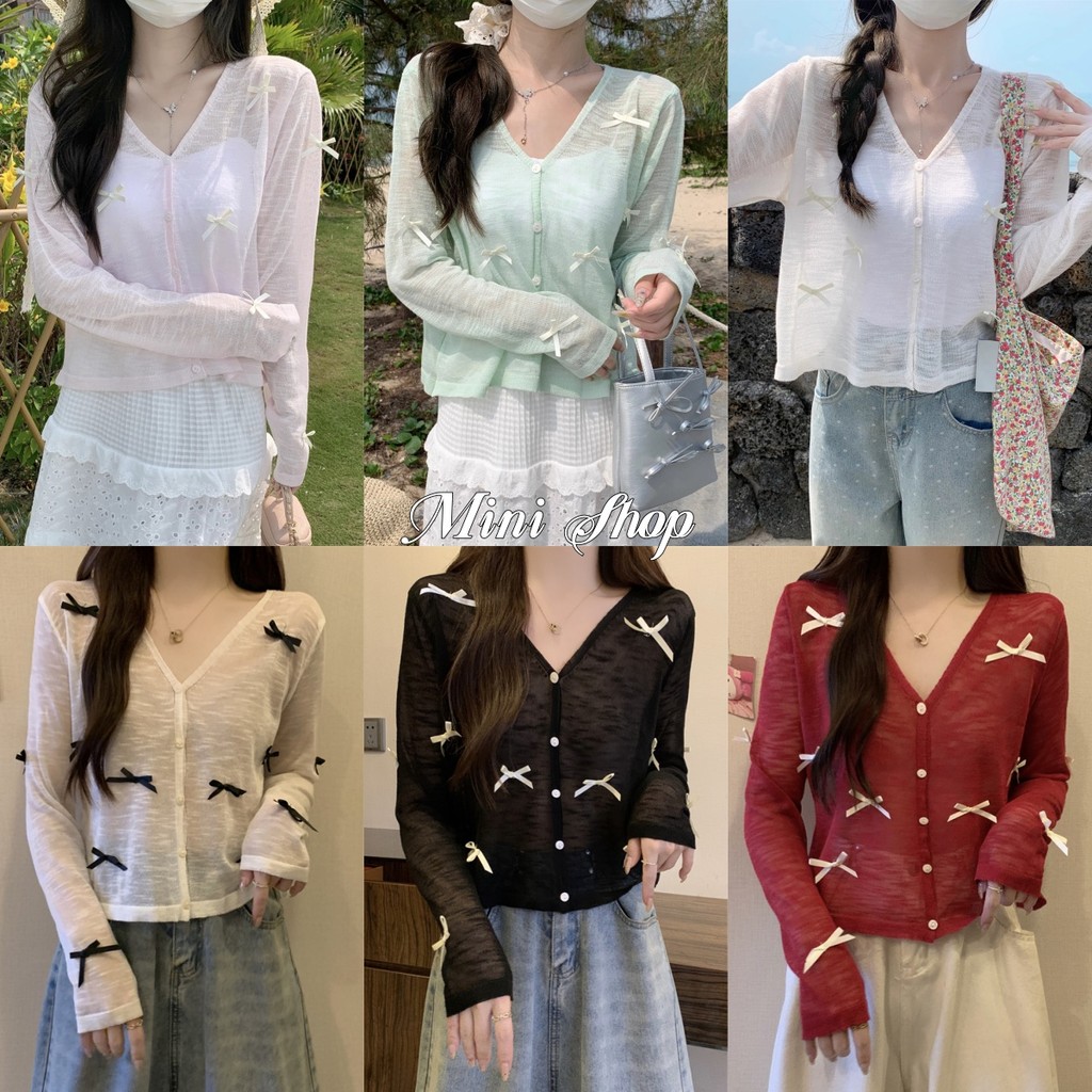 Mini shop🌸พร้อมส่ง🌸(W-M091) เสื้อแขนสั้นคอวี คาดิแกรนซีทรู บางเบา ผ้าไหมพรม แต่งโบว์