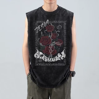 Y-T 🕶️เสื้อแขนกุดoversize เสื้อแขนกุดผู้ชาย💯 ไม่หดตัว ผ้าฝ้าย100% สวมใส่สบาย ลาย "ROCKPLAND" ยูนิเซ็กส์ แนวสตรีท