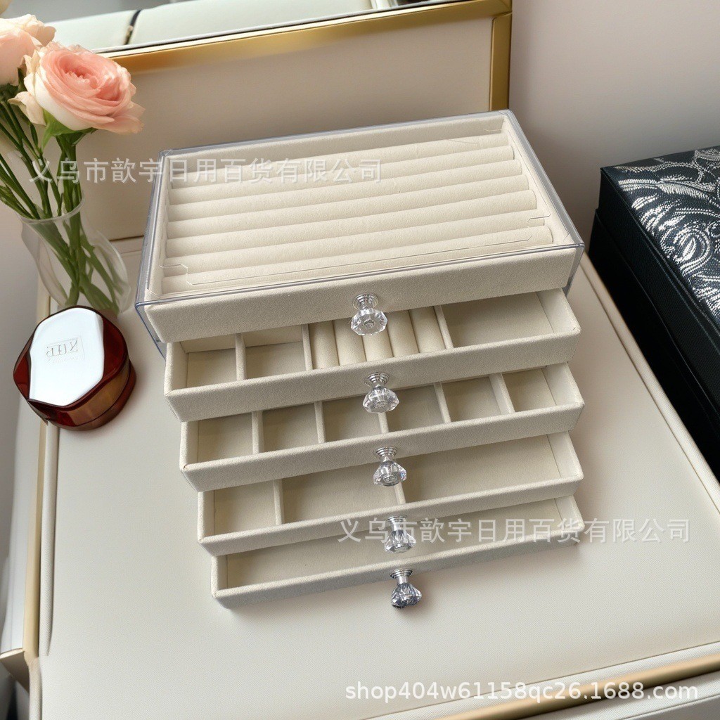 High-End 5 ชั้นลิ้นชักประเภท Flannel กล่องเครื่องประดับเดสก์ท็อปเครื่องประดับ Multi-Grid Sorting
