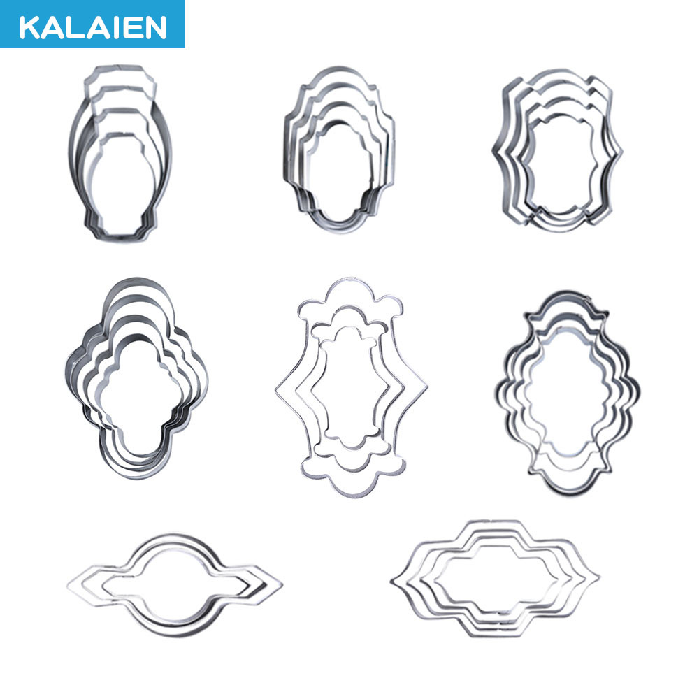 Kalaien 8รูปแบบกระจกกรอบสแตนเลสคุ้กกี้3/4ชิ้นโล่ตัดคุกกี้รูปร่างที่แตกต่างกัน DIY F ondant ตัดกระเบื้องโลหะแพนเค้กแม่พิมพ์