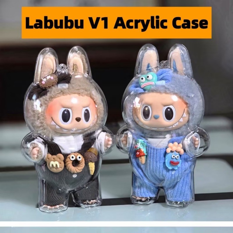 Labubu V1 V2 เคสอะคริลิคป้องกันโปร่งใสแบบพกพากล่องเก็บสายเคเบิลตุ๊กตา Plush Labubu ชุด