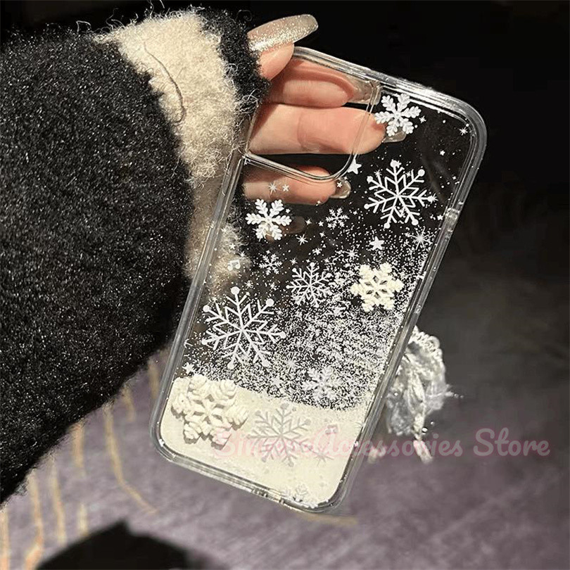 เข้ากันได้กับ iPhone 16 11 12 13 15 14 Por Max X Xr Xs Xs Max Simple Winter Snowflakes and Flowing Sand Christmas Style Soft Protective Phone Cover