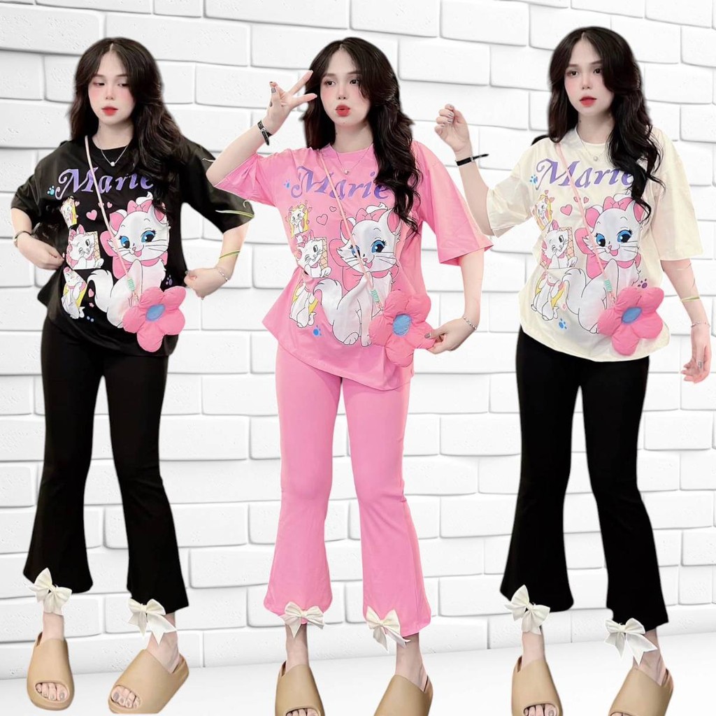 ชุดเซ็ท 2 ชิ้น S250 สกรีนน้องแมว เนื้อผ้าใส่สบาย เสื้อ + กางเกงปลายแต่งโบว์ขาม้า เสื้อผ้าผู้หญิง **พร้อมจัดส่ง**