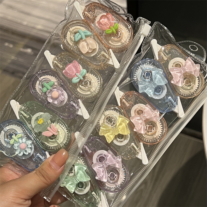 [LC] เทปลบคําผิดโปร่งใส 6 ชิ้นพร้อมการตกแต่งโบว์ทิวลิปอุปกรณ์แก้ไขน่ารัก