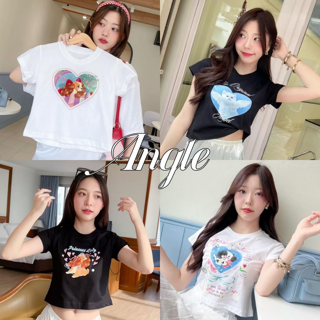 (จัดส่งตลอด 24 ชั่วโมง）Angle Official เสื้อครอปทรงพอดีตัว รวมลายสกรีน เนื้อผ้าคอตตอน100%