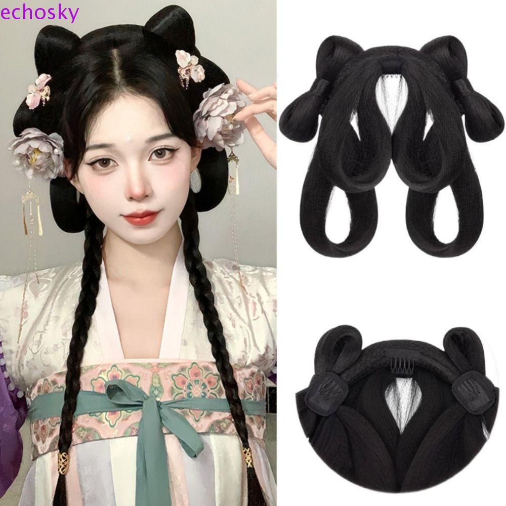 Echosky Hanfu ที่คาดผมวิกผม, สังเคราะห์ One Piece โบว์โบราณ Bun, จีนโบราณวิกผม Headdress การถ่ายภาพ Hairpiece ขี้เกียจวิกผมกระเป๋าผู้หญิง