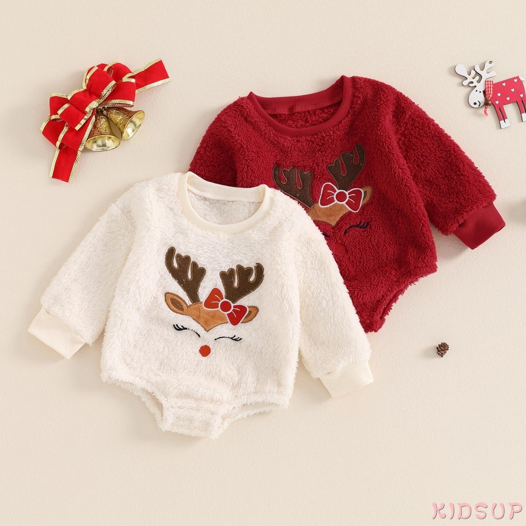 Kidsup1-เด็กทารกคริสต์มาสขนแกะjumpsuit ElkปักรอบคอแขนยาวRomperบอดี้สูทน่ารักน่ารัก