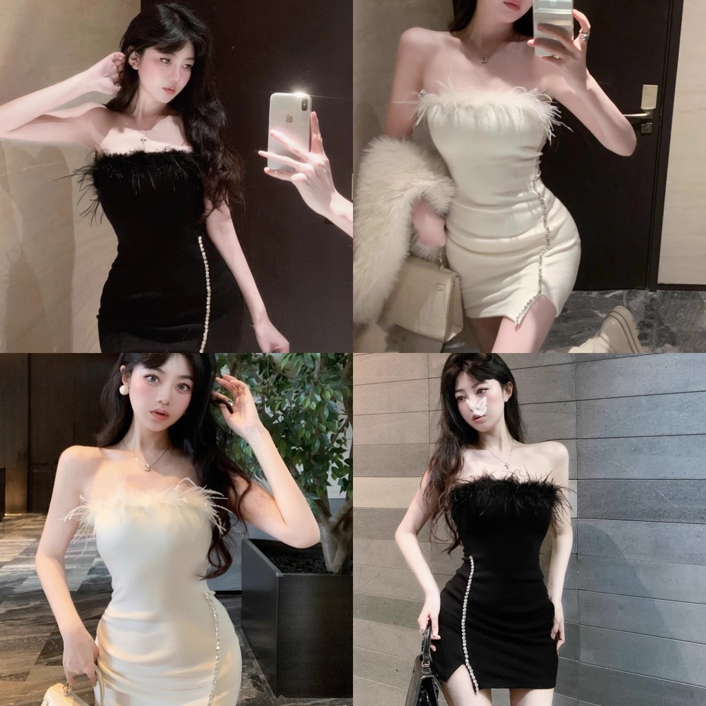 Evelyn ชุดเดรสผู้หญิง ทรงเกาะอก เข้ารูป แต่งขนมุ้งมิ้ง ชุดมินิเดรส เรียบหรูเวอร์ เดรสสั้น เดรสออกงาน#FY2563