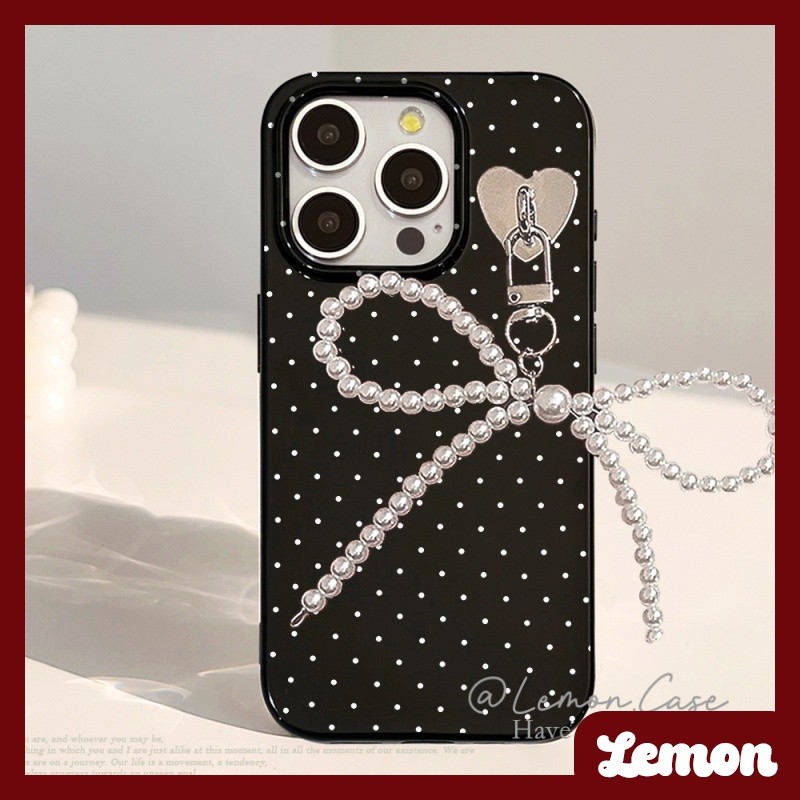 สาวหัวใจเพิร์ลโบว์สีดํา Polka Dot Soft สําหรับกรณี iphone 15 15promax 14promax 14plus 13pro 13promax 11 11pro 12promax 12mini XR 7p 8plus พื้นผิวสดใสเนื้อ