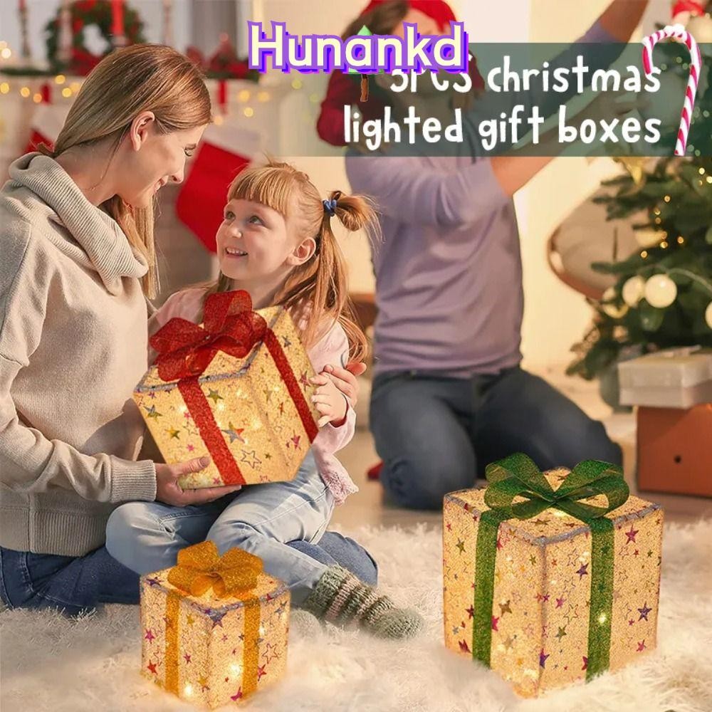 Huan 3 ชิ้นตกแต่งกล่องของขวัญไฟ,คริสต์มาสเรืองแสง Navidad คริสต์มาสไฟ LED กล่อง,พร้อมโบว์ส่องสว่างกล่องปัจจุบันเครื่องประดับกล่องแสง Xmas Party Home ฉากเค้าโครง