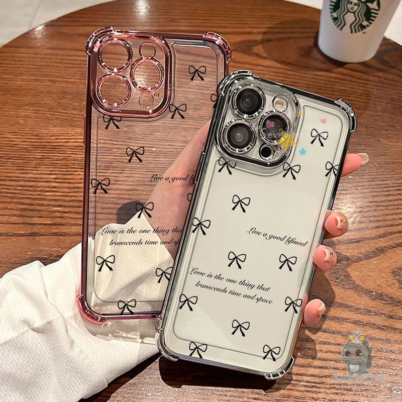 ปลอกสําหรับiphone 11 16 15 14 13 12 Pro Max XR X XS 8 7 6 Plus SE2020 โบว์สีดําINSเกาหลีเคสโทรศัพท์สี่มุมDrop-proof Clearกรณีกันกระแทกป้องกันปกหลัง