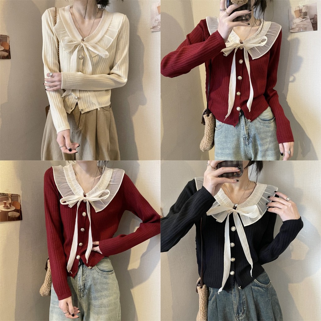 Anne เสื้อกันหนาว แขนยาว คอกลม กระดุมหน้า แต่งระบาย ผูกโบว์ เสื้อไหมพรม สไตล์เกาหลี ครอปน่ารัก #C150