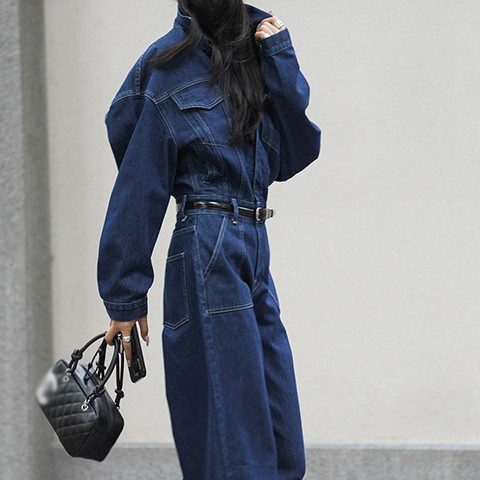 American Retro Street Niche Design โดยรวมสไตล์ Denim Jumpsuit ผู้หญิง High-End Jumpsuit สูทสูง