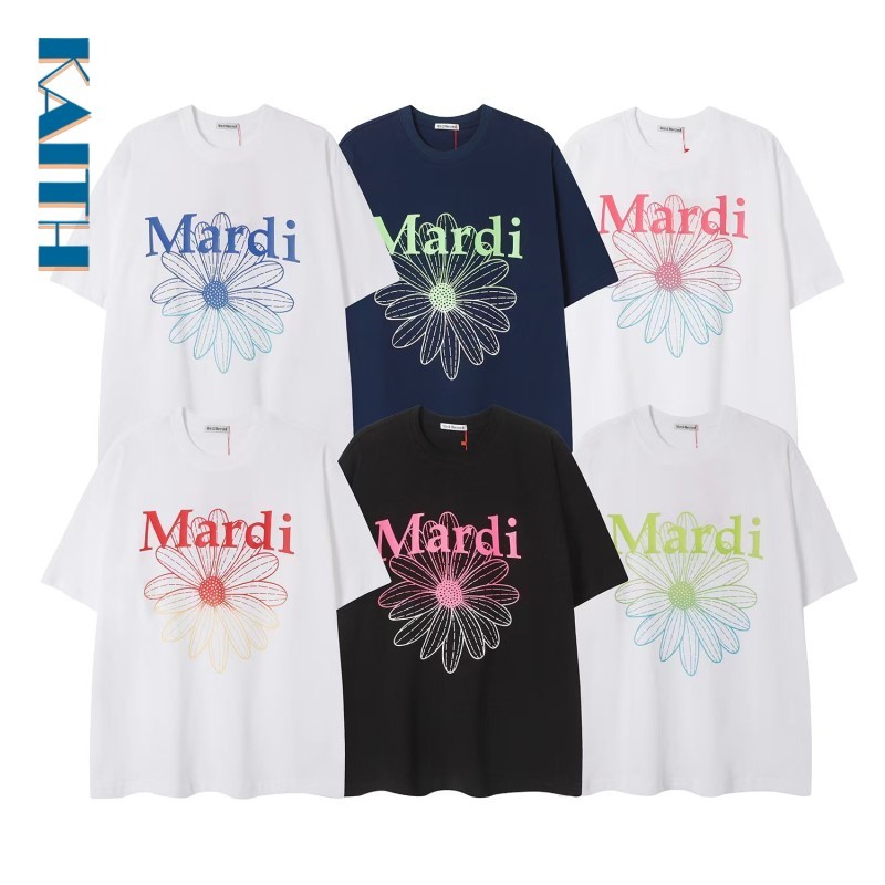 #T38 Graphical Cotton Gradient Line ดอกไม้รูปแบบตัวอักษรรอบคอสีธรรมดาเสื้อยืดแขนสั้นสําหรับผู้หญิง