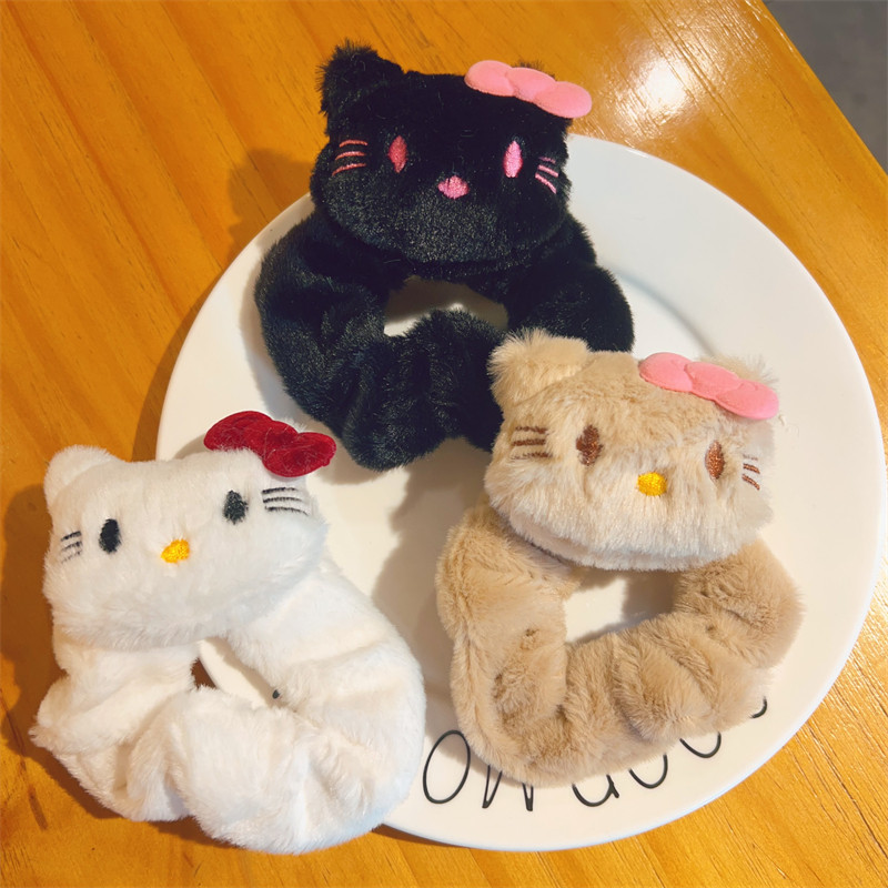 น่ารักสีดําสีชมพูสีตุ๊กตาคิตตี้แมวหัวตุ๊กตาเชือกสาวหวานผูกผมหางม้าขัดแหวนผม - รูปที่ 4