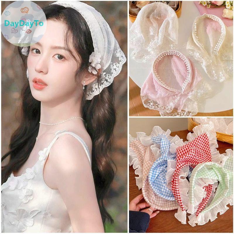 Daydayto ลูกไม้สีขาว Headscarf สไตล์ Pastoral Headscarf ผ้าพันคอสามเหลี่ยมผู้หญิง Retro Headscarf หมวก Travel Photo เครื่องประดับผม TH