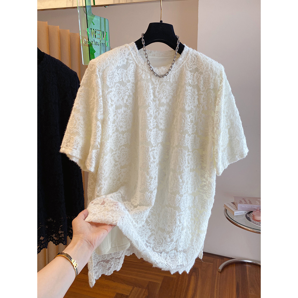 เสื้อยืดแขนสั้นลูกไม้โครเชต์สีดำไซส์ใหญ่พิเศษ300กก. เสื้อยืดผู้หญิงเสื้อใหญ่ทุกตัว202411.17