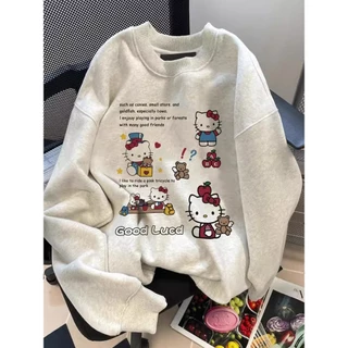เสื้อสเวตเตอร์คอกลมพิมพ์ลายการ์ตูน Hello Kitty สไตล์อเมริกันฮาราจูกุสไตล์เรโทร