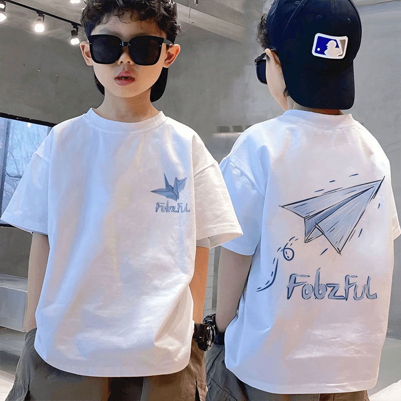 ฤดูร้อนสไตล์ใหม่ผ้าฝ้ายแท้พิมพ์หลวมเสื้อผ้าเด็กชายเสื้อยืดเด็กแขนสั้นเด็กชาย