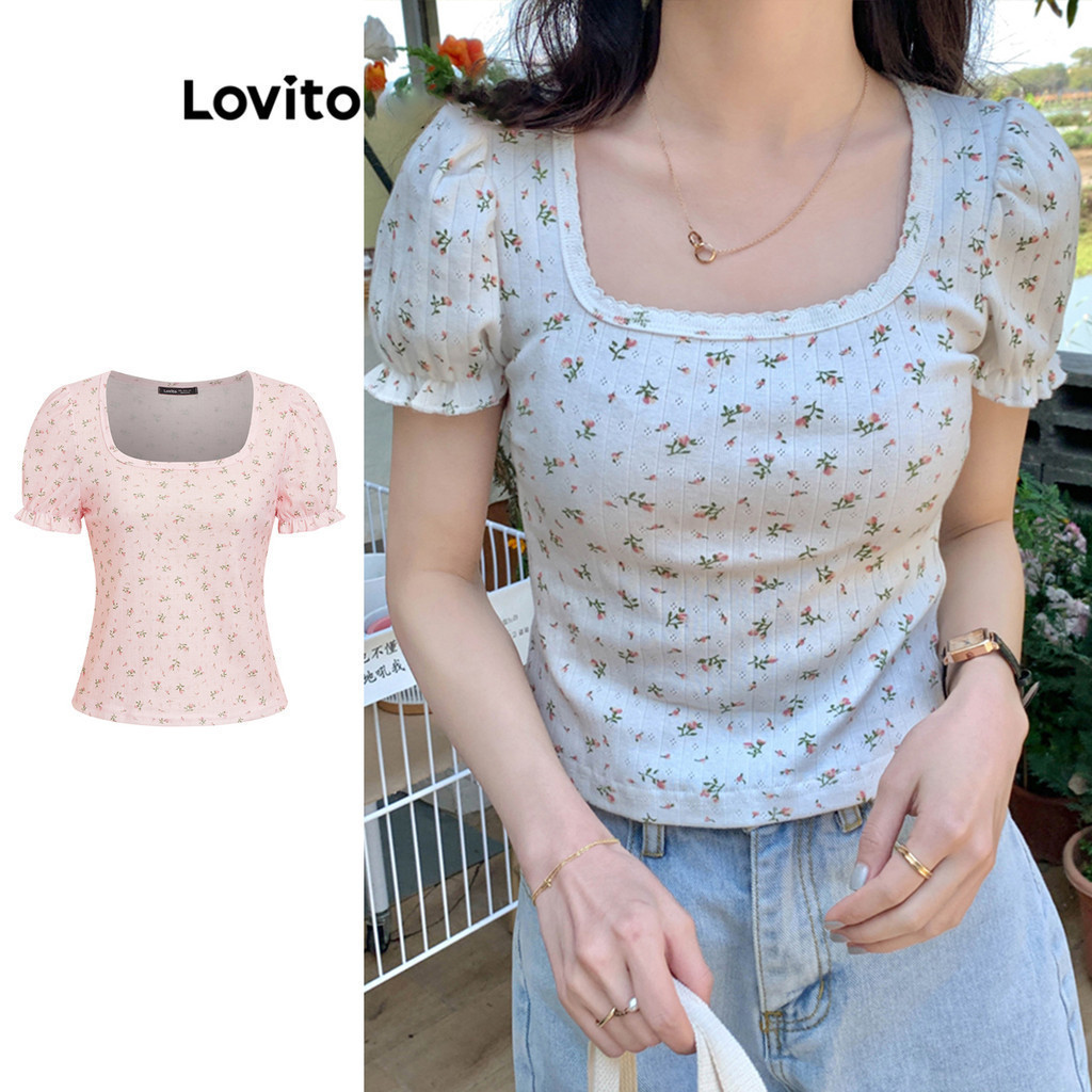 Lovito เสื้อยืดผู้หญิง พิมพ์ลายดอกไม้ สไตล์โบโฮ L74ED120