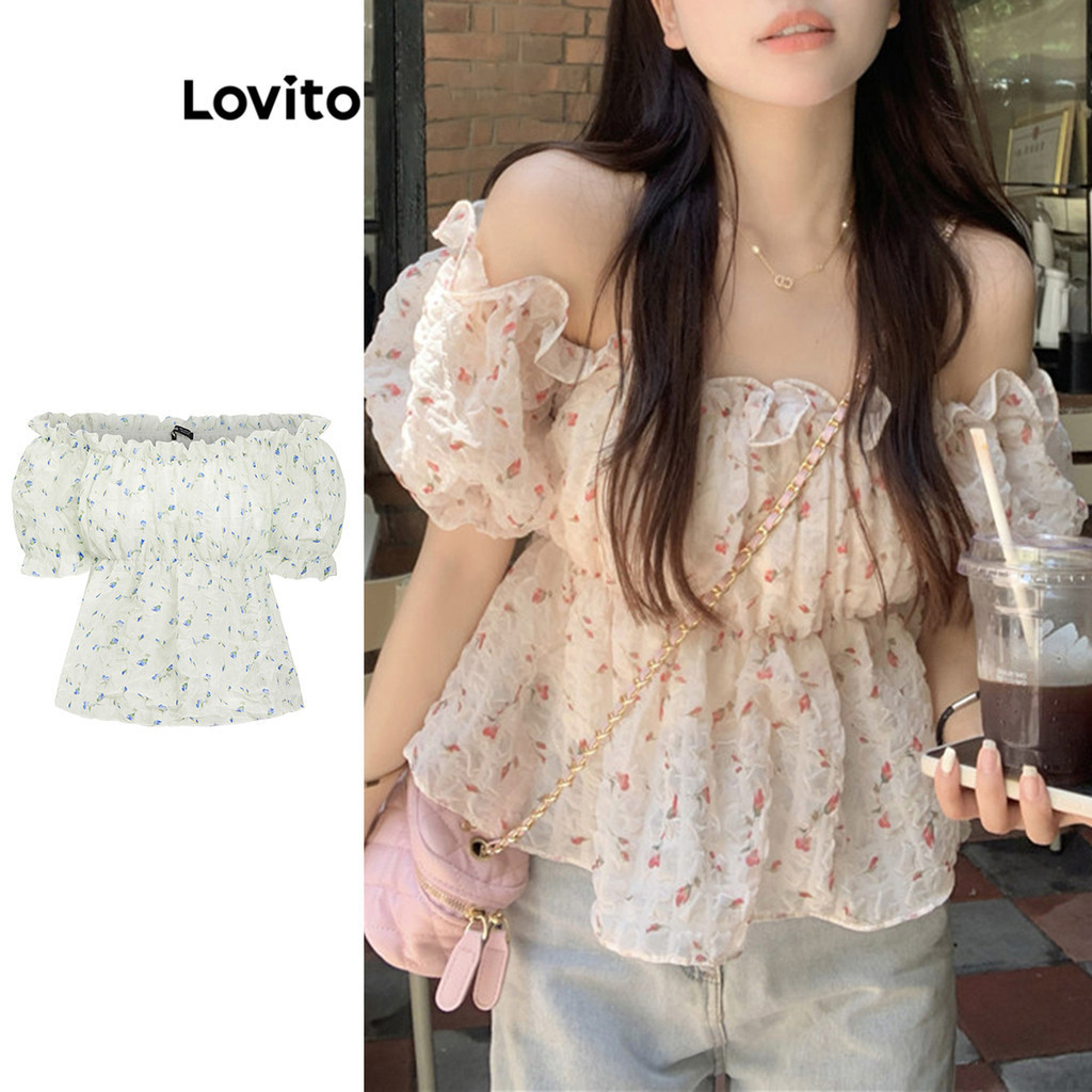 Lovito เสื้อเบลาส์คอระบาย ลายดอกไม้ สไตล์ลำลอง สำหรับผู้หญิง LNA16141 (หลากสี)